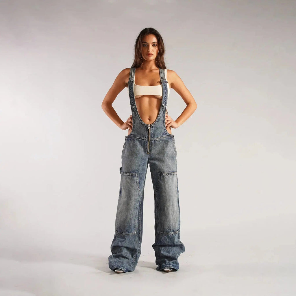 Y2K Denim Overalls Women – Zip Front Loose Fit Pocket Jumpsuit