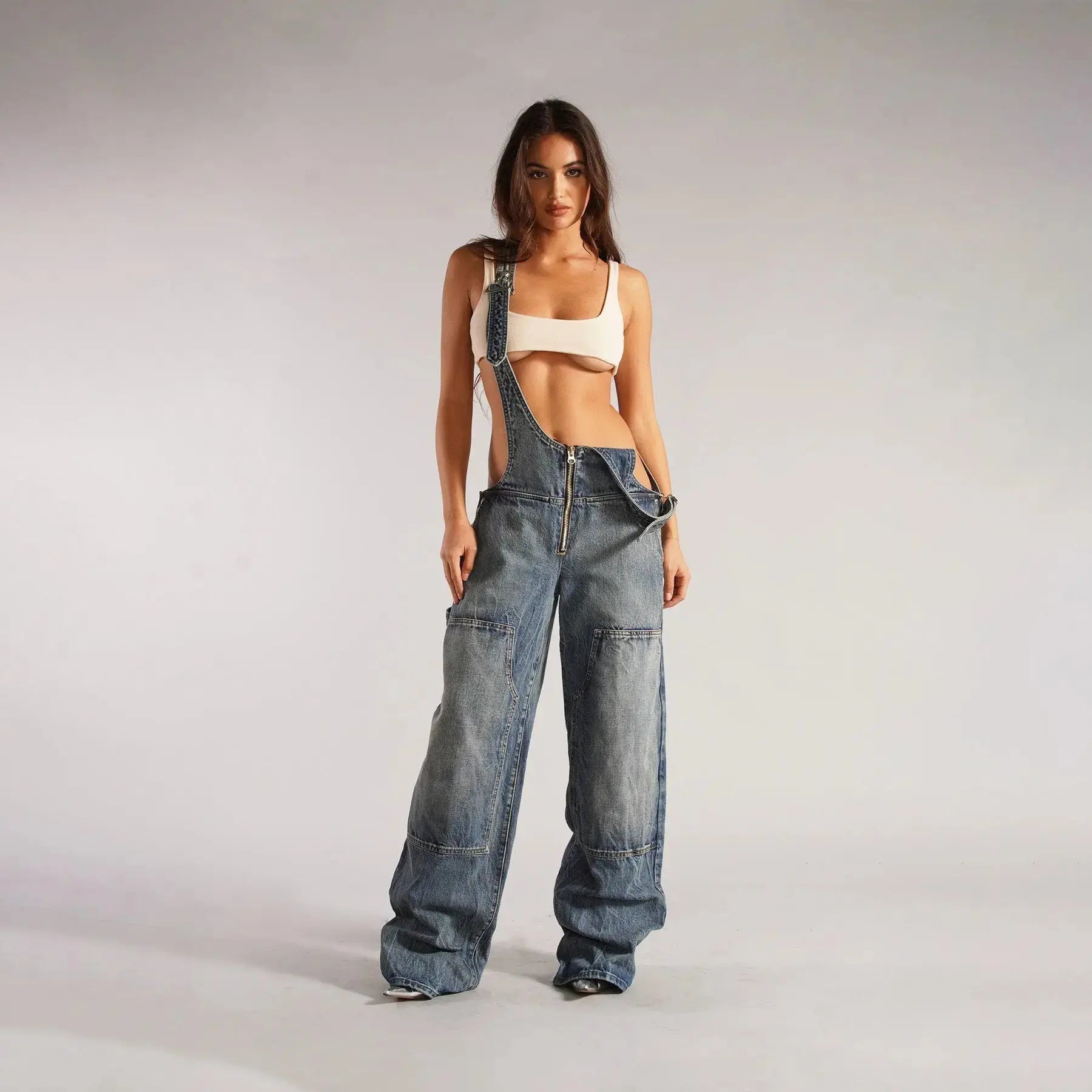 Y2K Denim Overalls Women – Zip Front Loose Fit Pocket Jumpsuit