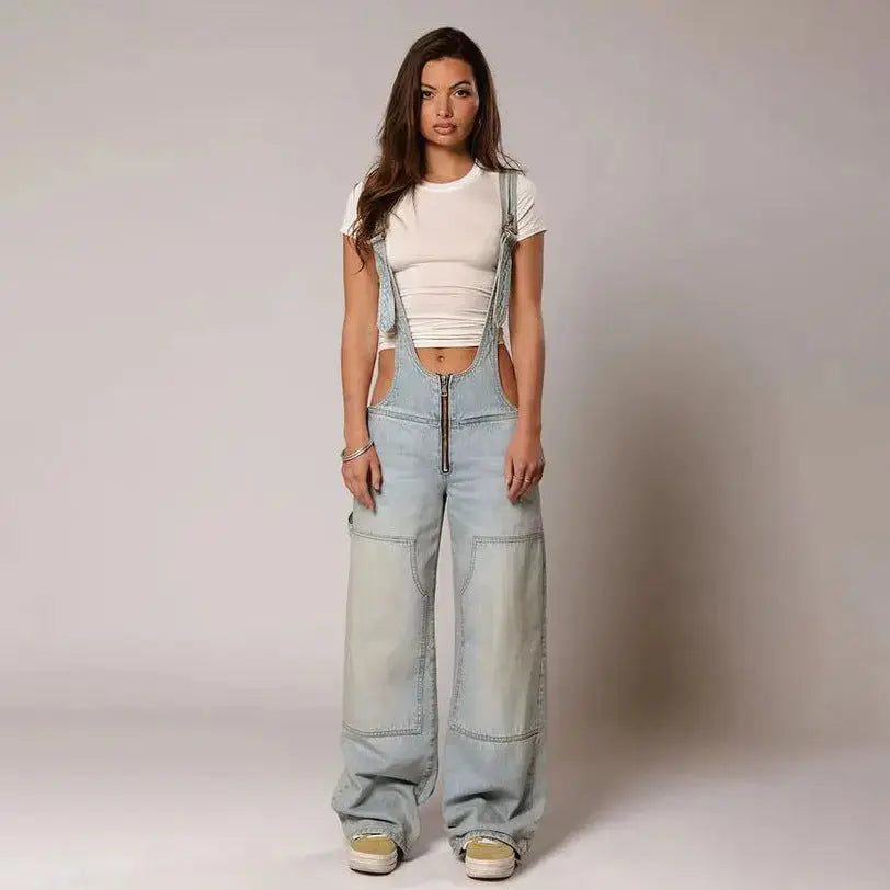 Y2K Denim Overalls Women – Zip Front Loose Fit Pocket Jumpsuit